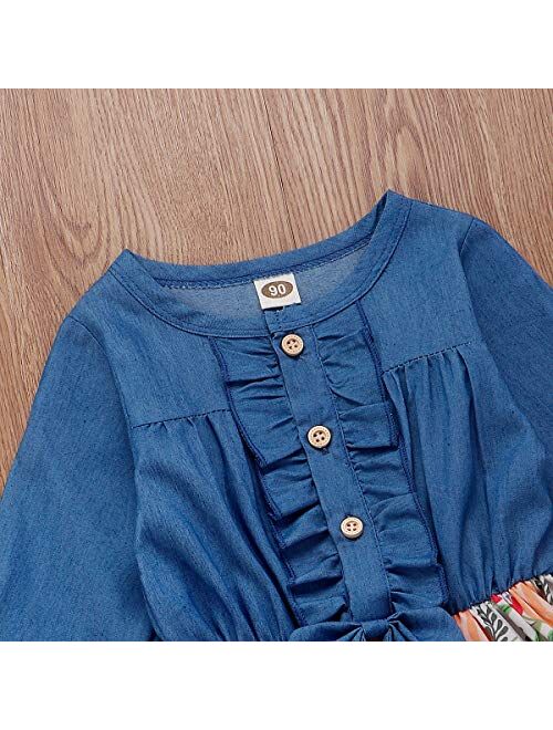 Infant Toddler Baby Girls Halloween Dress Ruffled Button Pumpkin Printed Bowknot Long Sleeve Denim Fall Skirt