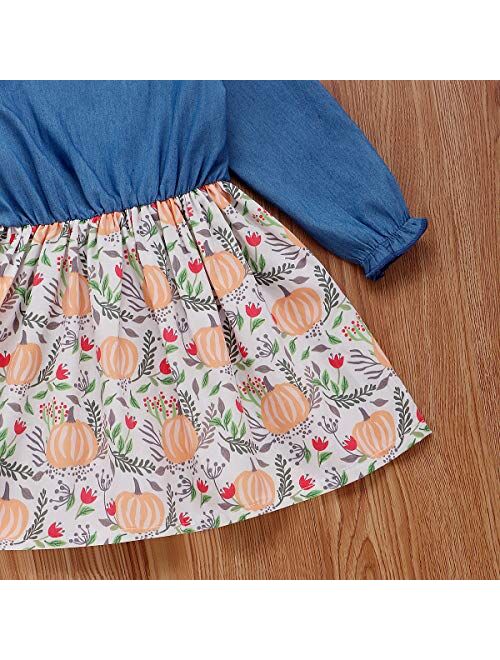 Infant Toddler Baby Girls Halloween Dress Ruffled Button Pumpkin Printed Bowknot Long Sleeve Denim Fall Skirt