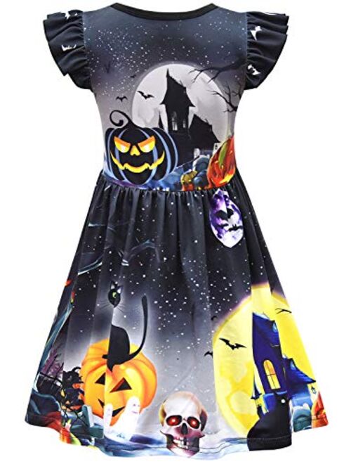 Sumeca Toddler Girls Flutter Sleeve Pumpkin Halloween Dress Swing Party Wear