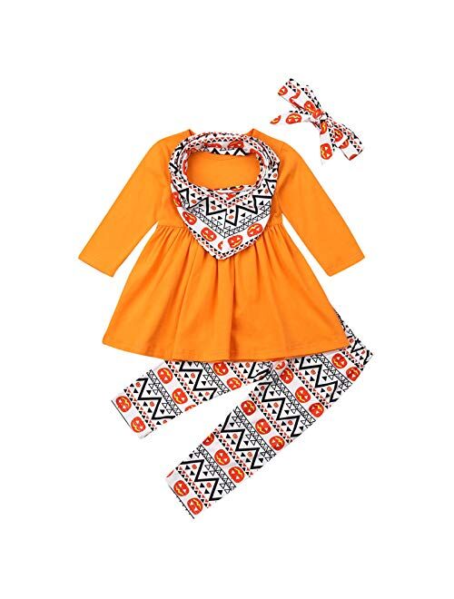 Toddler Kids Baby Girls Christmas Outfit Santa Print Shirts Tops Dress Pants Leggings Headband Halloween Clothes Set