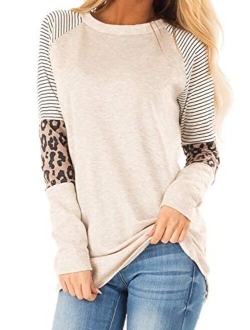 Malaven Womens Casual Color Block Long Sleeve Pullover Tops Loose Lightweight Tunic Shirt