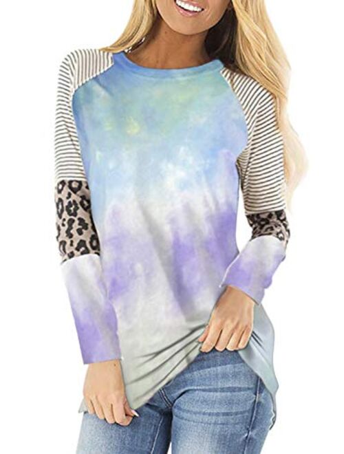 Malaven Womens Casual Color Block Long Sleeve Pullover Tops Loose Lightweight Tunic Shirt