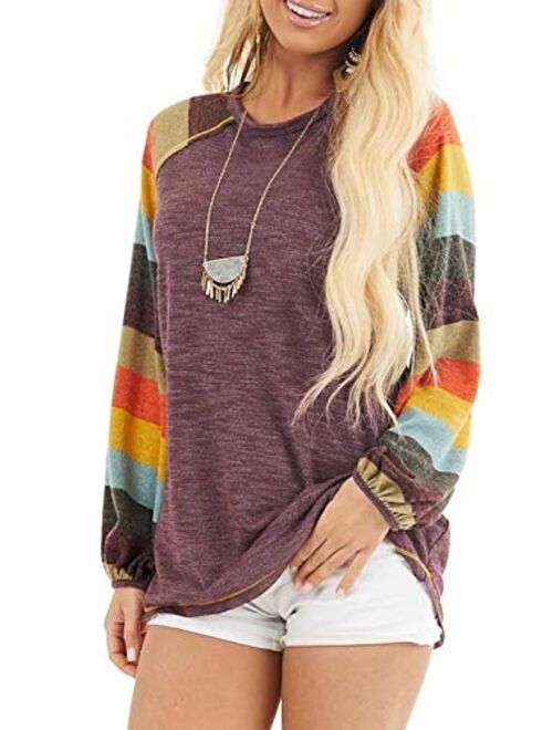 Malaven Womens Casual Color Block Long Sleeve Pullover Tops Loose Lightweight Tunic Shirt