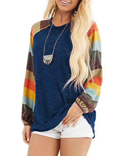 Malaven Womens Casual Color Block Long Sleeve Pullover Tops Loose Lightweight Tunic Shirt