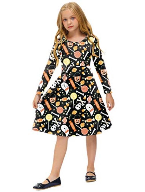 BesserBay Girl's Halloween Print Pumpkin Swing Midi Dress 3-12 Years