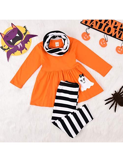 Baby Girls Halloween Clothes 3PCs Toddler Girl Kids Outfits Set Ruffle Dress Long Sleeve Tops Pants with Scarf