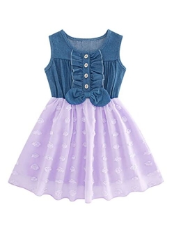 Enlifety Little Girls Princess Dresses Sleeveless Denim Tops Sundress Floral Print Tutu Skirts One-PieceOutfit 2-8T