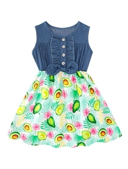 Enlifety Little Girls Princess Dresses Sleeveless Denim Tops Sundress Floral Print Tutu Skirts One-PieceOutfit 2-8T