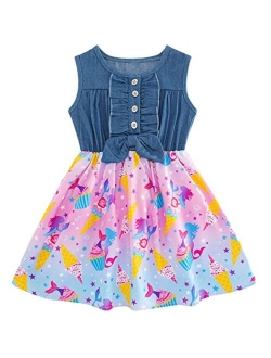 Enlifety Little Girls Princess Dresses Sleeveless Denim Tops Sundress Floral Print Tutu Skirts One-PieceOutfit 2-8T