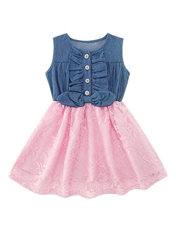 Enlifety Little Girls Princess Dresses Sleeveless Denim Tops Sundress Floral Print Tutu Skirts One-PieceOutfit 2-8T