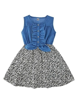 Enlifety Little Girls Princess Dresses Sleeveless Denim Tops Sundress Floral Print Tutu Skirts One-PieceOutfit 2-8T