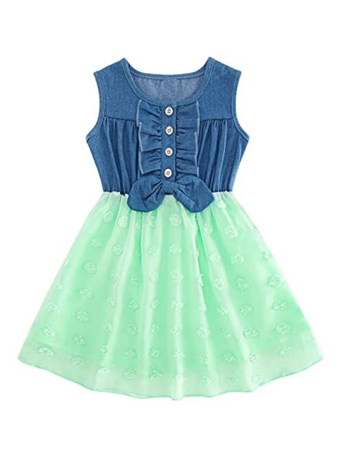 Enlifety Little Girls Princess Dresses Sleeveless Denim Tops Sundress Floral Print Tutu Skirts One-PieceOutfit 2-8T