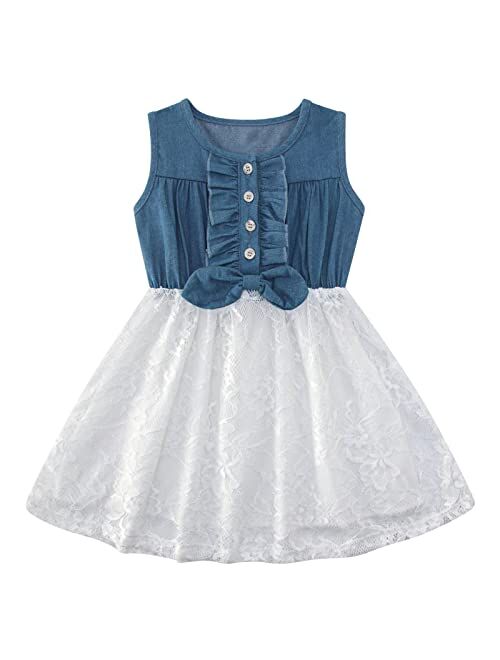 Enlifety Little Girls Princess Dresses Sleeveless Denim Tops Sundress Floral Print Tutu Skirts One-PieceOutfit 2-8T