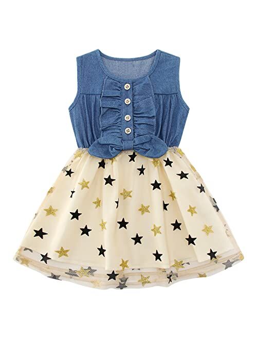 Enlifety Little Girls Princess Dresses Sleeveless Denim Tops Sundress Floral Print Tutu Skirts One-PieceOutfit 2-8T