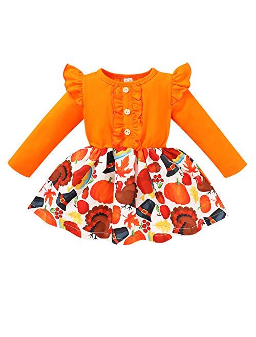 Halloween Kids Toddler Baby Girls Dresses Pumpkin Ghost Spider Bell Sleeve Dress Outfit Fall Clothes