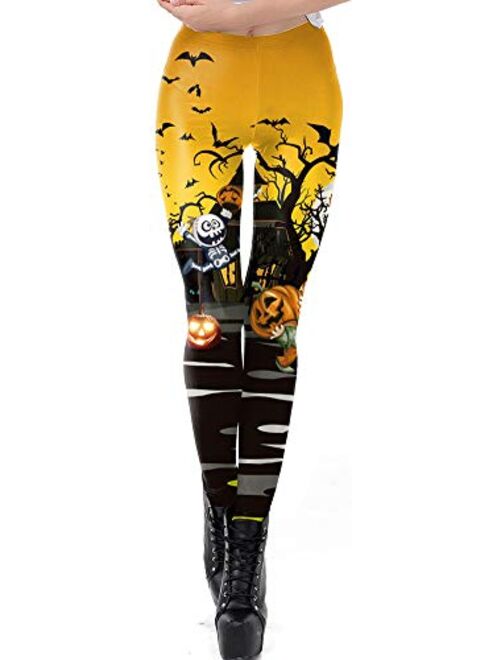 Sister Amy Women's Halloween Pumpkin Skulls Printed Ankle Elastic Tights Legging Halloween