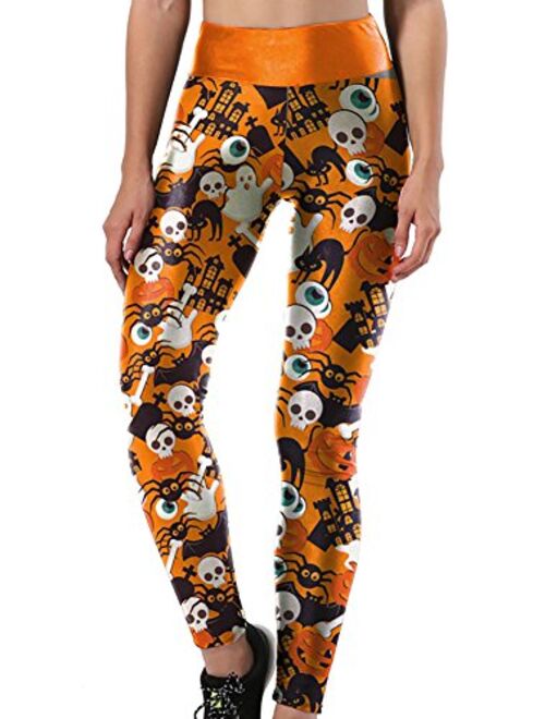 Sister Amy Women's Halloween Pumpkin Skulls Printed Ankle Elastic Tights Legging Halloween