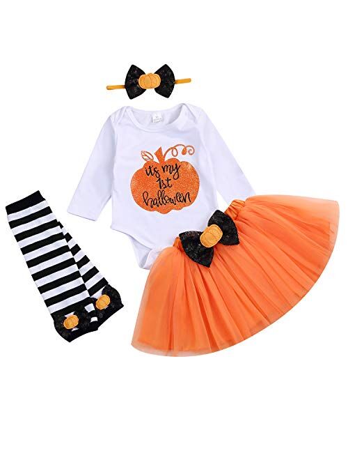 4PCS My 1st Halloween Baby Girls Pumpkin Romper +Tulle Tutu Skirt+Leg Warmer Headband Outfits Set