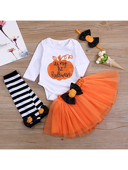 4PCS My 1st Halloween Baby Girls Pumpkin Romper +Tulle Tutu Skirt+Leg Warmer Headband Outfits Set