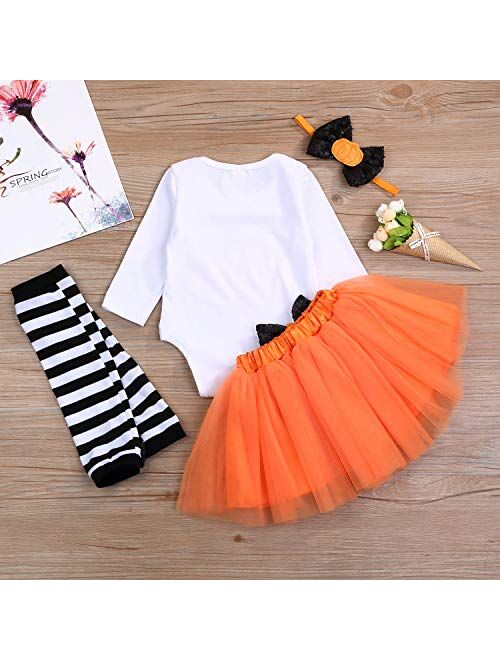 4PCS My 1st Halloween Baby Girls Pumpkin Romper +Tulle Tutu Skirt+Leg Warmer Headband Outfits Set