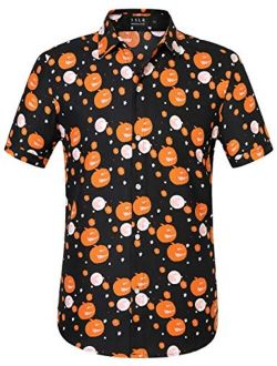 SSLR Men's Skull Skeleton Button Down Short Sleeve Halloween Shirt