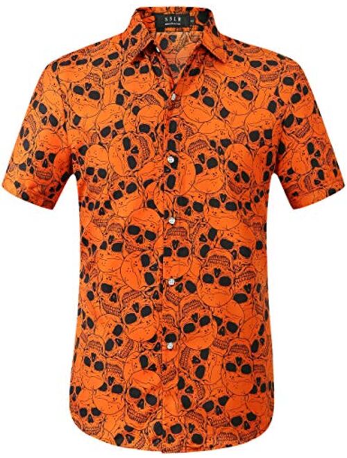 SSLR Men's Skull Skeleton Button Down Short Sleeve Halloween Shirt