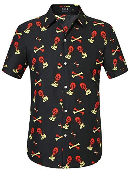 SSLR Men's Skull Skeleton Button Down Short Sleeve Halloween Shirt