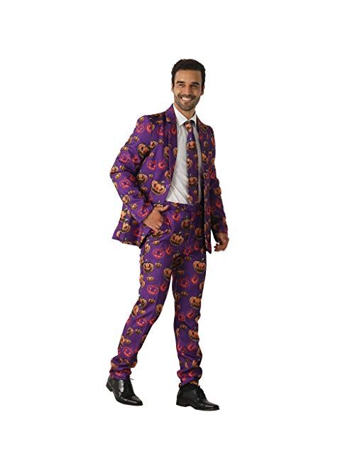 EraSpooky Halloween Pumpkin Suits for Men Comes with Jacket Pants and Tie