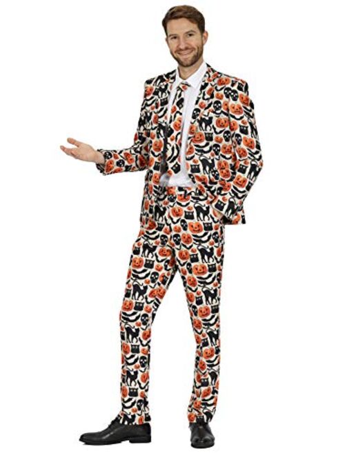 WEEN CHARM Mens Halloween Tuxedo Suits Skull Pumpkin Bat Printing Party Suits Tuxedo Pants Jacket with Tie