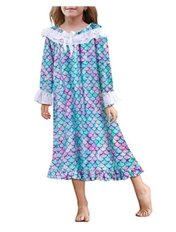 uideazone Girls Nightgowns Lace Printed Pajamas Dress Sleepwear Cute Princess Nightshirt Nightdress 4-12 Years