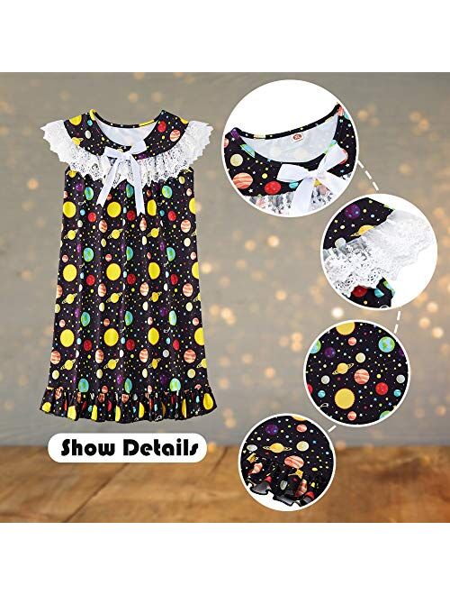 uideazone Girls Nightgowns Lace Printed Pajamas Dress Sleepwear Cute Princess Nightshirt Nightdress 4-12 Years