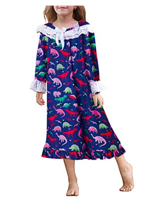 uideazone Girls Nightgowns Lace Printed Pajamas Dress Sleepwear Cute Princess Nightshirt Nightdress 4-12 Years