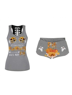 ZEFOTIM Women 2PC Halloween Outfits, Funny Loose Shirt Skinny Short Pants Set