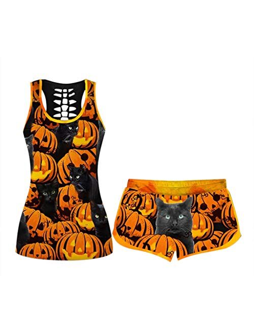 ZEFOTIM Women 2PC Halloween Outfits, Funny Loose Shirt Skinny Short Pants Set