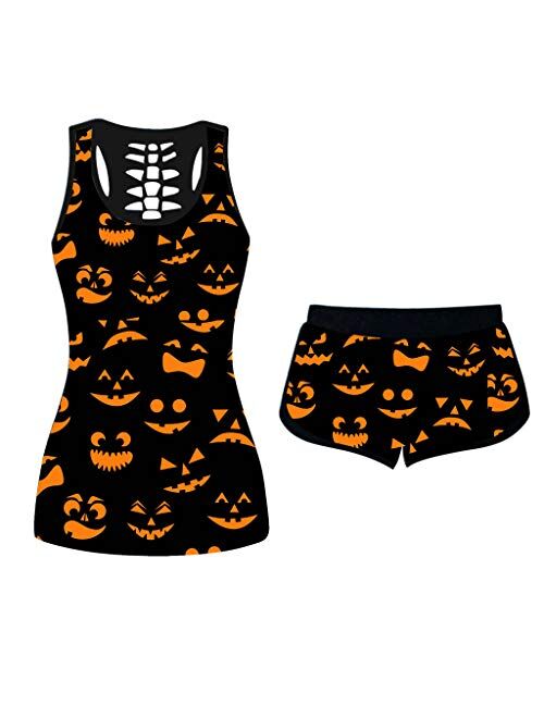 ZEFOTIM Women 2PC Halloween Outfits, Funny Loose Shirt Skinny Short Pants Set