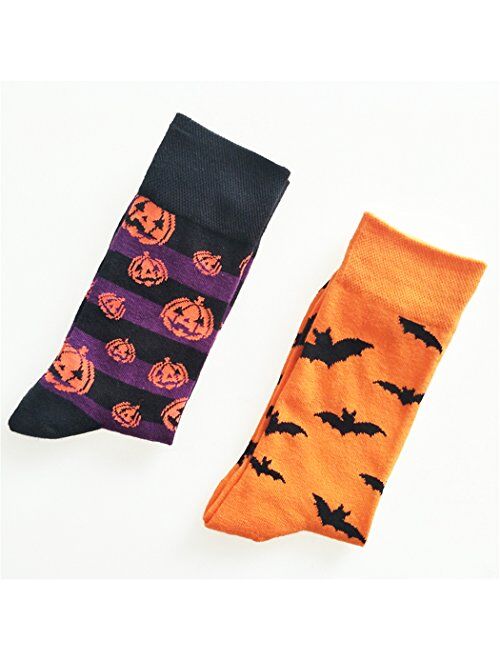 SherryDC Men's Halloween Pumpkins Bats Novelty Fun Crew Length Casual Dress Socks 2-Pack