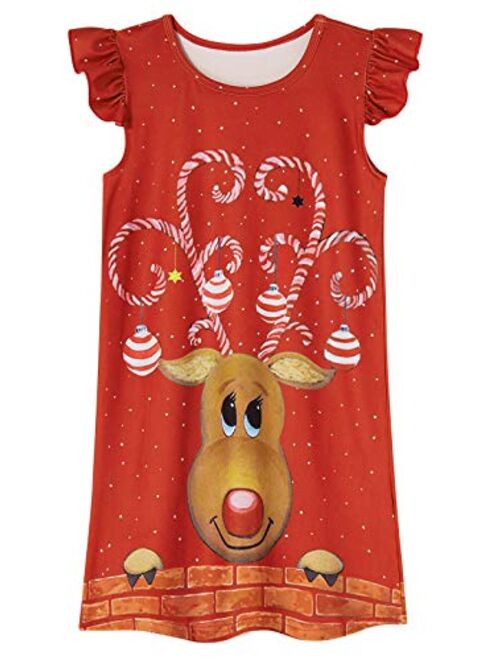 uideazone Girls Nightgown Nightshirt Pajamas Flutter Sleeve Nightdress Sleepwear Pajamas Dress 5-12 Years