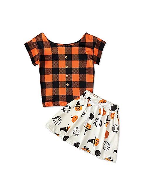 Toddler Baby Girls Halloween Outfits Kids Plaid Long Sleeve Dress Pumpkin Print Vest Clothes 2PC Set