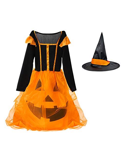 Witch Halloween Costume for Girls Kids, Pumpkin Dress Long Sleeve Cosplay Dress Includes Witch Hat