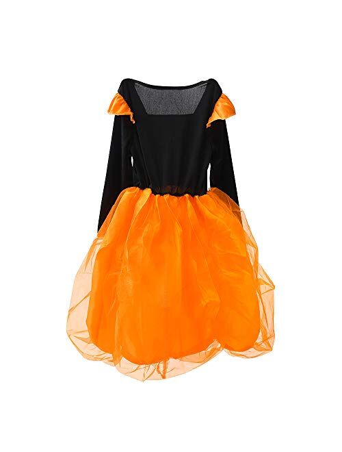 Witch Halloween Costume for Girls Kids, Pumpkin Dress Long Sleeve Cosplay Dress Includes Witch Hat