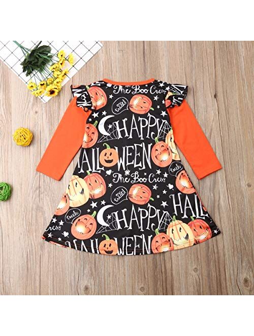 Toddler Kids Little Girls Halloween Dress Outfit Costumes Pumpkin Print Long Sleeve Playwear