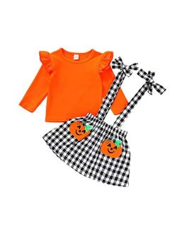 Halloween Thanksgiving Baby Girls Clothes Ruffle Flutter Sleeves Top+Pumpkin Strap Dress Skirt Toddler Outfit