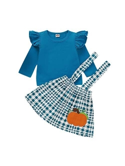 Halloween Thanksgiving Baby Girls Clothes Ruffle Flutter Sleeves Top+Pumpkin Strap Dress Skirt Toddler Outfit