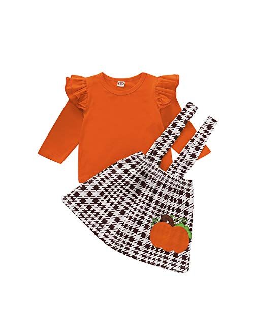 Halloween Thanksgiving Baby Girls Clothes Ruffle Flutter Sleeves Top+Pumpkin Strap Dress Skirt Toddler Outfit