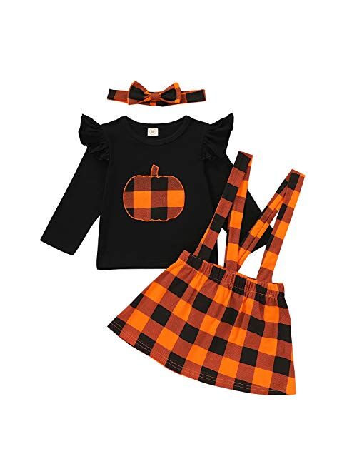 Halloween Thanksgiving Baby Girls Clothes Ruffle Flutter Sleeves Top+Pumpkin Strap Dress Skirt Toddler Outfit