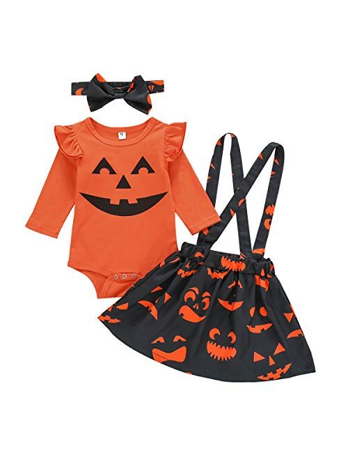 Baby Girl Halloween Outfit Ruffle Sleeve Romper+Pumpkin Suspender Skirt 2pcs Clothes Set