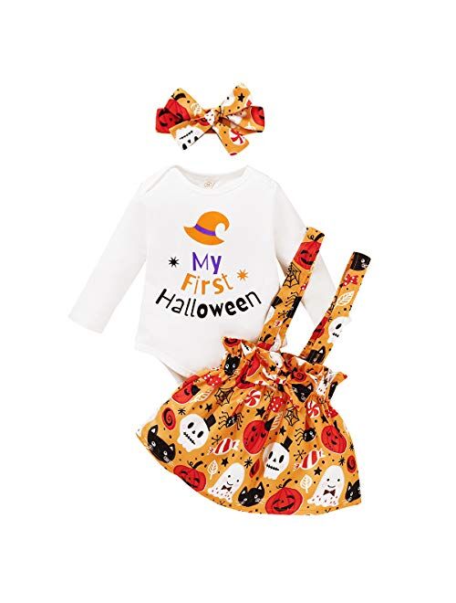 Baby Girl Halloween Outfit Ruffle Sleeve Romper+Pumpkin Suspender Skirt 2pcs Clothes Set