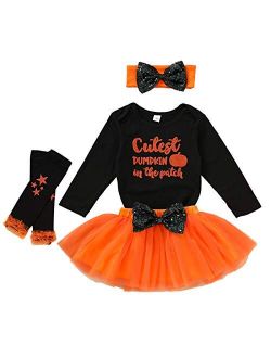 Newborn Baby Girls Halloween Skirt Set Sequin Pumpkin Patch Romper Tutu Dress Leggings with Headband 4pcs Outfits