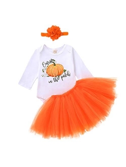 Newborn Baby Girls Halloween Skirt Set Sequin Pumpkin Patch Romper Tutu Dress Leggings with Headband 4pcs Outfits