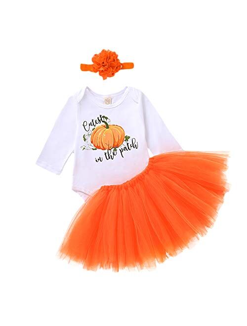 Newborn Baby Girls Halloween Skirt Set Sequin Pumpkin Patch Romper Tutu Dress Leggings with Headband 4pcs Outfits